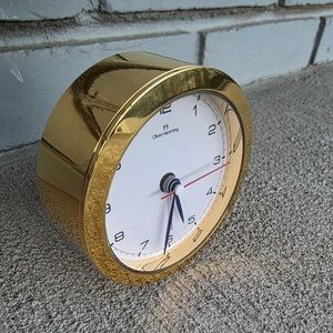 Oliver Hemming Brass Desk Alarm Clock Quartz 3” Gold Tone Modern Working